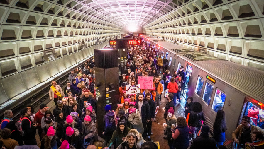 Crowded metro during the 2017 Women's March.
