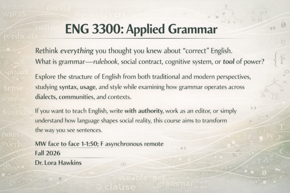 Digital signage slide for “ENG 3300: Applied Grammar” featuring a soft beige background with faint syntax trees, grammatical terms, and linguistic symbols; large green course title at top, descriptive text centered, and meeting time, Fall 2026, and Dr. Lora Hawkins listed below.