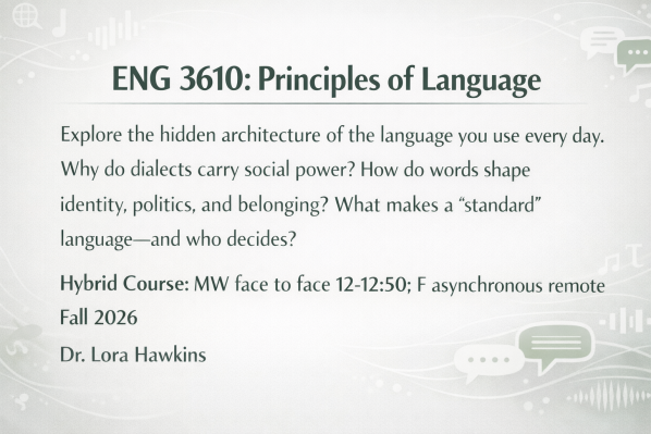 Digital signage slide for “ENG 3610: Principles of Language” featuring a light gray background with subtle speech bubbles and sound-wave graphics; large green title text at top, course description centered, and hybrid schedule, Fall 2026, and Dr. Lora Hawkins listed below.