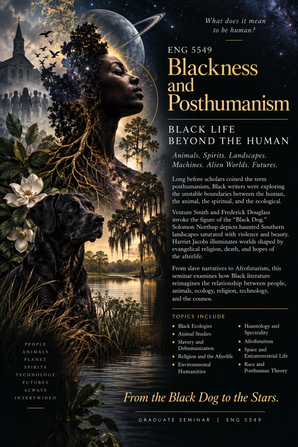 Flyer for ENG 5549, Blackness and Posthumanism: Black Life Beyond the Human, a graduate seminar. A Black woman's profile merges with tree roots and a starry sky above a black dog, a swamp and a church.