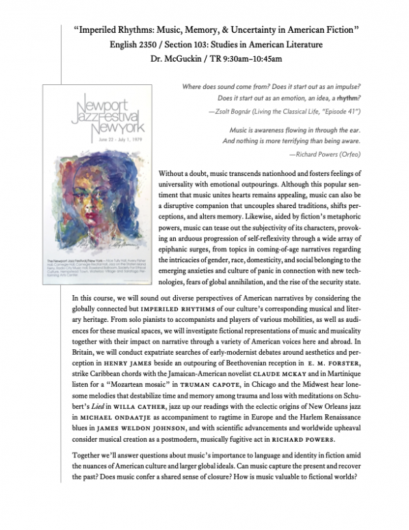 English 2350 / Section 103: Studies in American Literature: “Imperiled Rhythms: Music, Memory, & Uncertainty in American Fiction” - McGuckin (Spring 2023) flyer