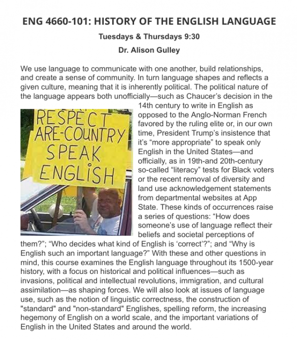 ENG 4660-101: HISTORY OF THE ENGLISH LANGUAGE with Dr. Alison Gulley