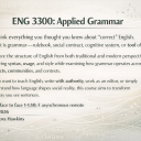 Digital signage slide for “ENG 3300: Applied Grammar” featuring a soft beige background with faint syntax trees, grammatical terms, and linguistic symbols; large green course title at top, descriptive text centered, and meeting time, Fall 2026, and Dr. Lora Hawkins listed below.