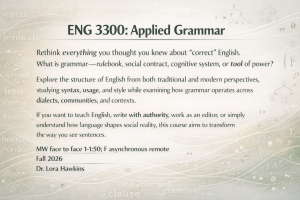 Digital signage slide for “ENG 3300: Applied Grammar” featuring a soft beige background with faint syntax trees, grammatical terms, and linguistic symbols; large green course title at top, descriptive text centered, and meeting time, Fall 2026, and Dr. Lora Hawkins listed below.