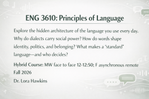 Digital signage slide for “ENG 3610: Principles of Language” featuring a light gray background with subtle speech bubbles and sound-wave graphics; large green title text at top, course description centered, and hybrid schedule, Fall 2026, and Dr. Lora Hawkins listed below.