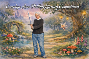 Image of Carolyn Ann Phillips holding a sword in a faerie background.
