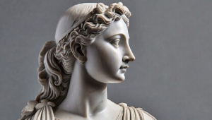 Marble statue of the goddess Pallas Athene (Athena) in profile, wearing a headband, against a gray background.