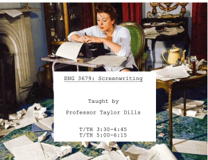 Course poster for ENG 3679, Screenwriting, taught by Professor Taylor Dills, T/TH 3:30-4:45 and 5:00-6:15: a woman in a white shirt typing at a typewriter in a room strewn with crumpled paper.