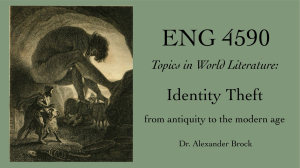 Course poster for ENG 4590, Topics in World Literature: Identity Theft, from antiquity to the modern age, with Dr. Alexander Brock: an engraving of a giant crouching in a cave over a man clinging to the underside of a ram.