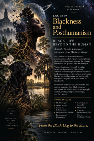 Flyer for ENG 5549, Blackness and Posthumanism: Black Life Beyond the Human, a graduate seminar. A Black woman's profile merges with tree roots and a starry sky above a black dog, a swamp and a church.