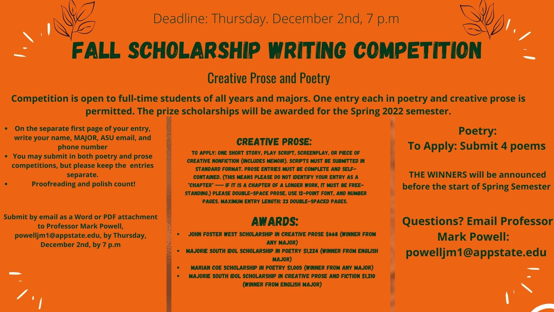 Fall Scholarship Competition Department of English