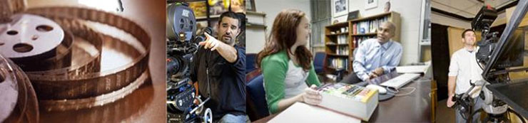 collage of students working in film studies, including operating cameras and talking with a professor